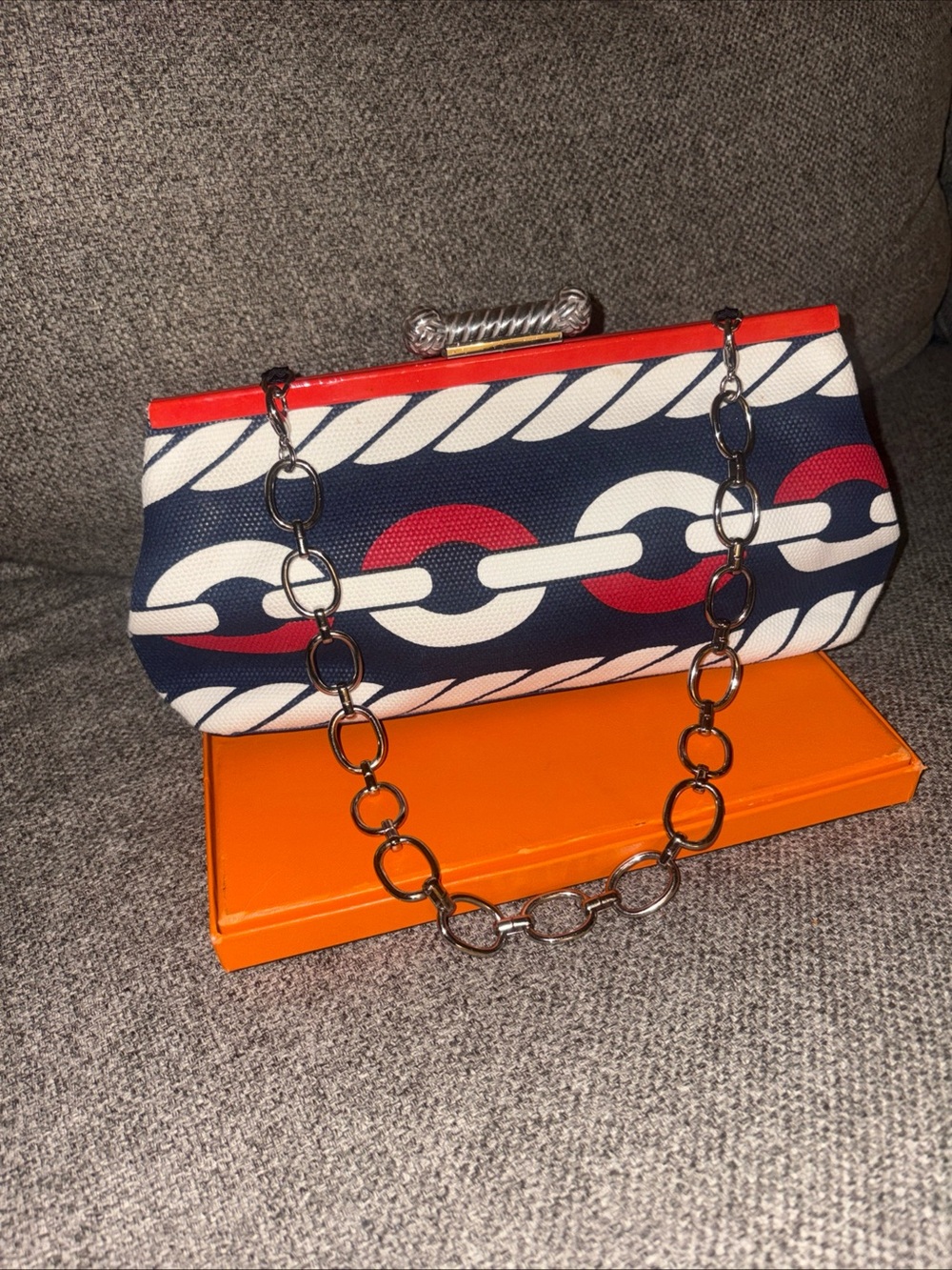 Brighton Navy, White & Red Chain-Handle Clutch